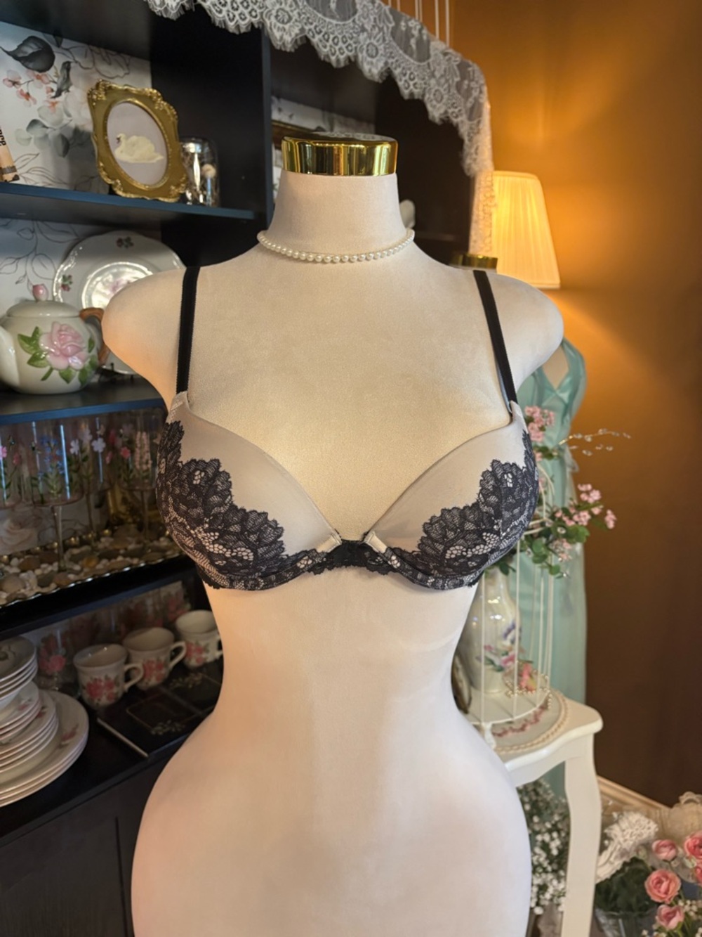 Victoria's Secret Nude and Black Lace Push-Up Bra